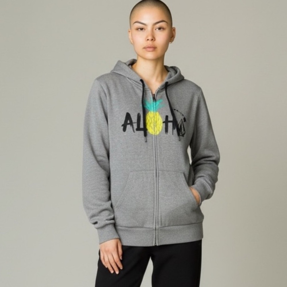 Volcom Zip-Up Hoodie Gray Aloha Pineapple Hawaii Surf Skate M